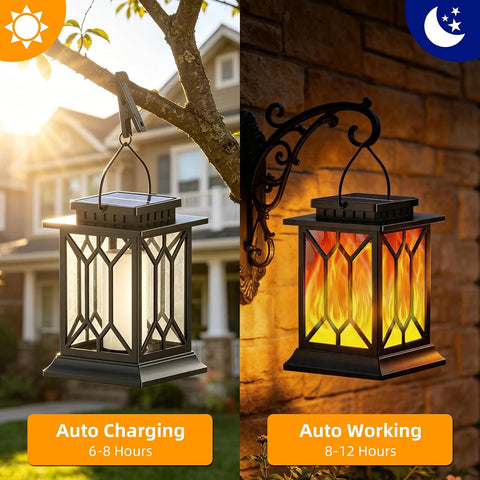 Solar Lanterns Outdoor Garden, 2 Pack Hanging Solar Garden Lanterns with Realistic Flickering Flame, IP65 Waterproof Decorative Solar Garden Ornaments for Yard , Pathway, Patio | 2 Lighting Modes