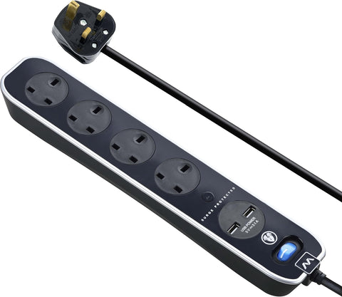 Masterplug Four Socket Switched Inline Power Surge Protected Extension Lead with Two USB Charging Ports, 2 Metres, Gloss Black