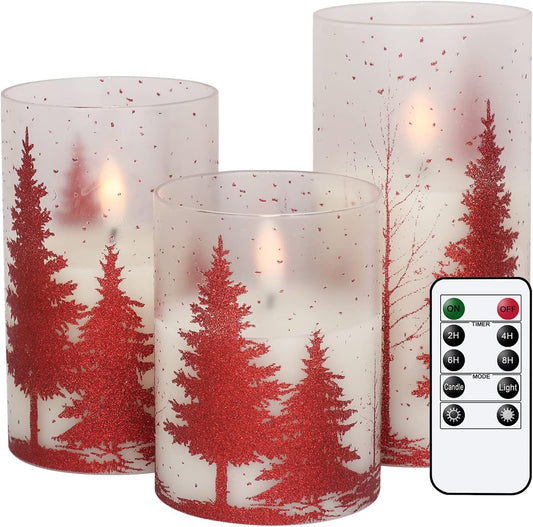 Christmas Tree Glass Flameless Candles with Remote and Timer, Battery Operated LED Christmas Candles Flickering for Home Decoration Gift (4” 5” 6” Set of 3)