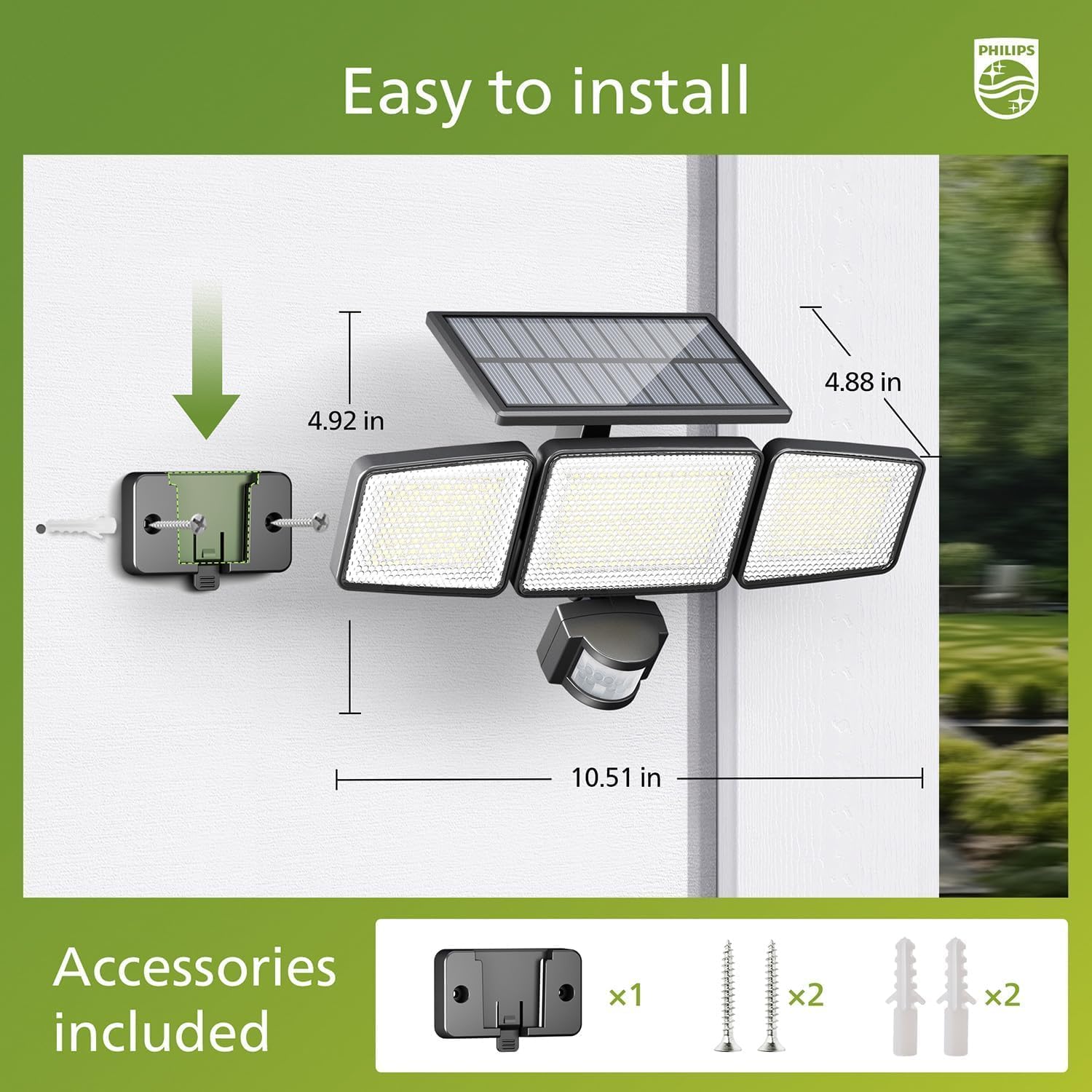 Solar flood light system with dimensions and accessories on a green background