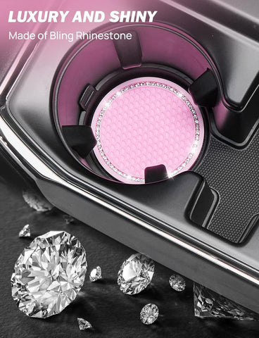 Car Cup Holder Coaster – 2.67 Inch Crystal Rhinestone Set (Pink)