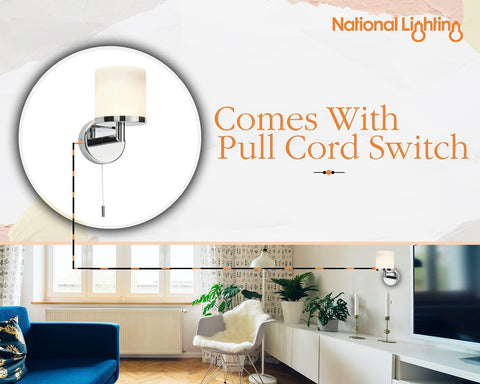 Chrome Bathroom Wall Light with Pull Cord IP44