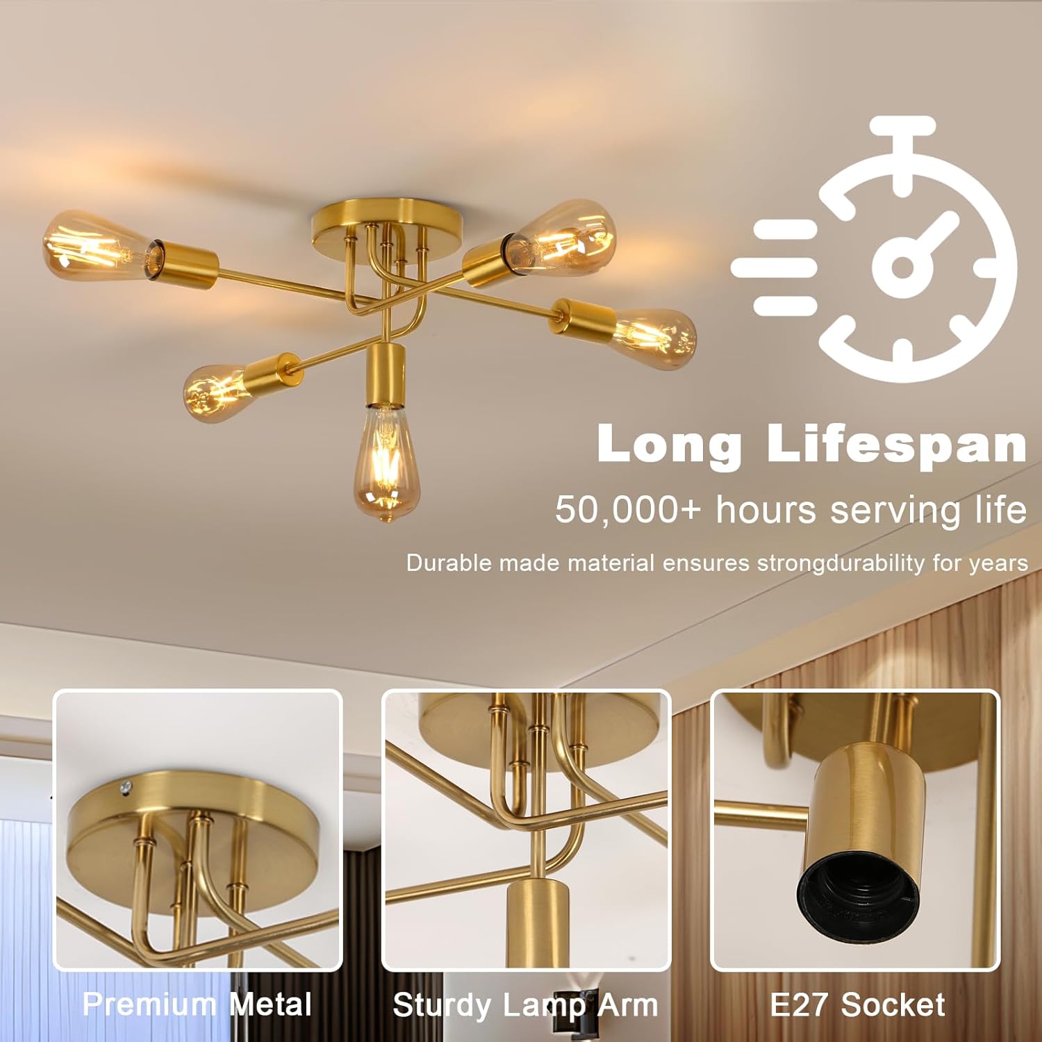 Gold ceiling light fixture with durability features highlighted on a neutral background