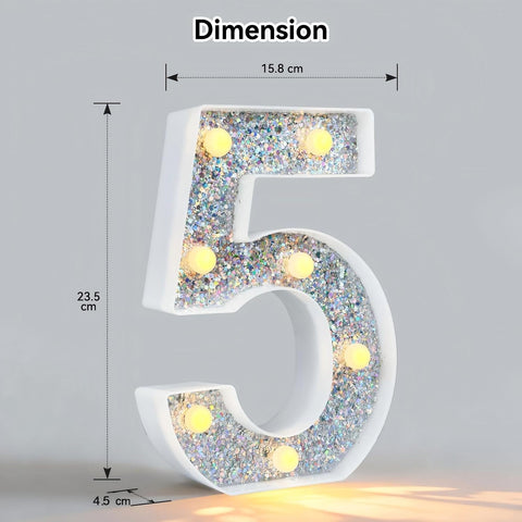 Silver Glitter LED Number Light – 8.86 Inch Marquee Number 5