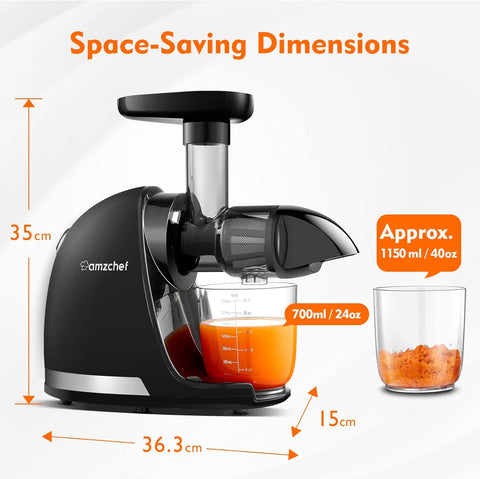 Juicer Machine Cold Press Slow Masticating Juicer for Whole Fruits & Vegetables – BPA Free Juice Extractor with 2 Cups & Brush – Black