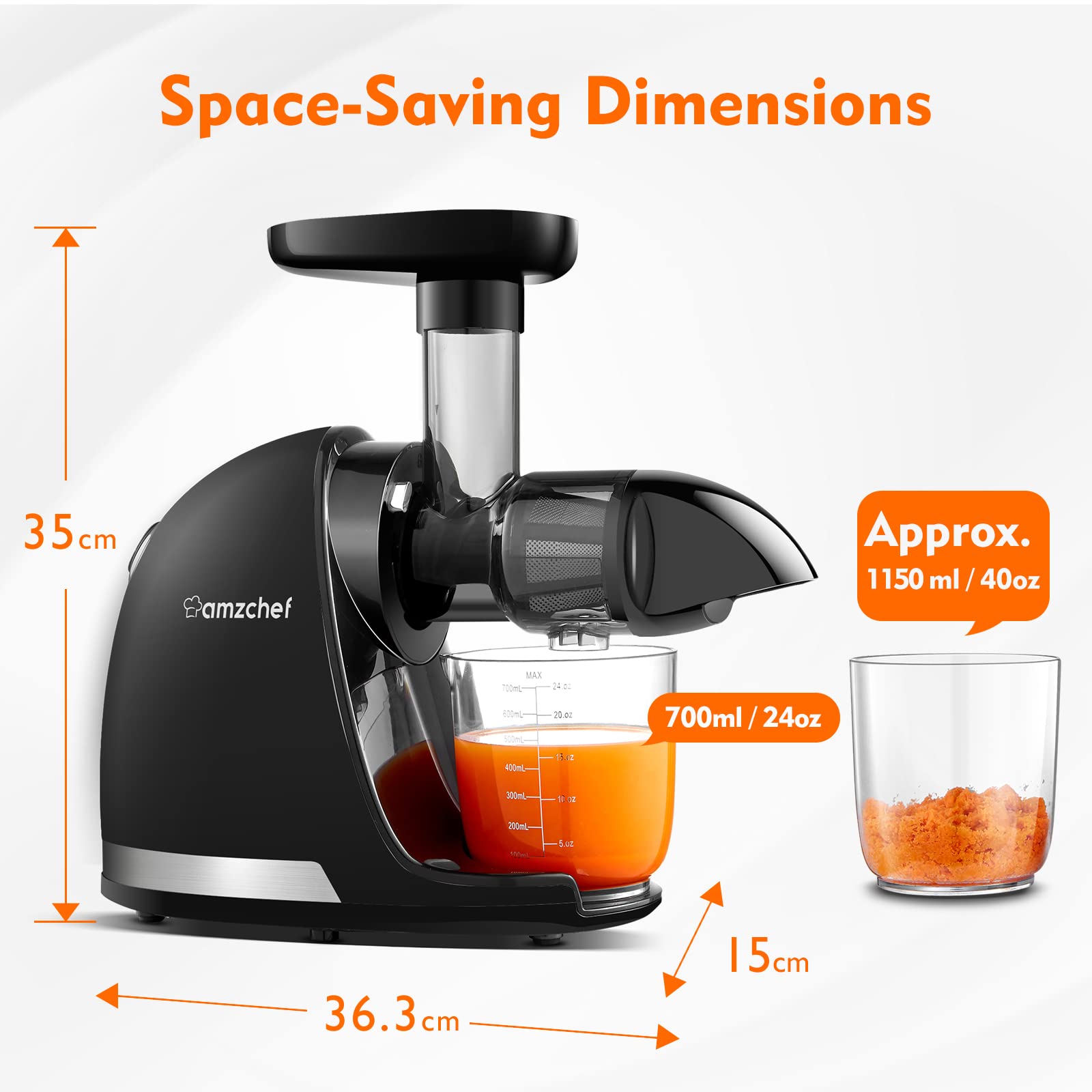 AMZCHEF Juicer Machines - Cold Press Slow Juicer - Masticating Juicer for Whole Fruits and Vegetables - Delicate Chew No Need to Filter - BPA Free Juice Extractor with 2 Cups and Brush - Black