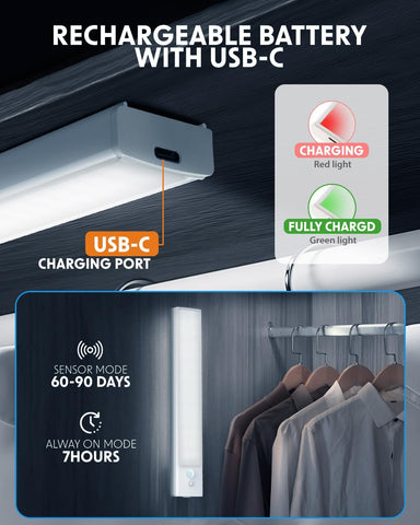 4 Pack Under Cabinet Kitchen Lights – Motion Sensor Rechargeable LED with USB-C Charging, Adjustable Brightness (30CM, Cold White)
