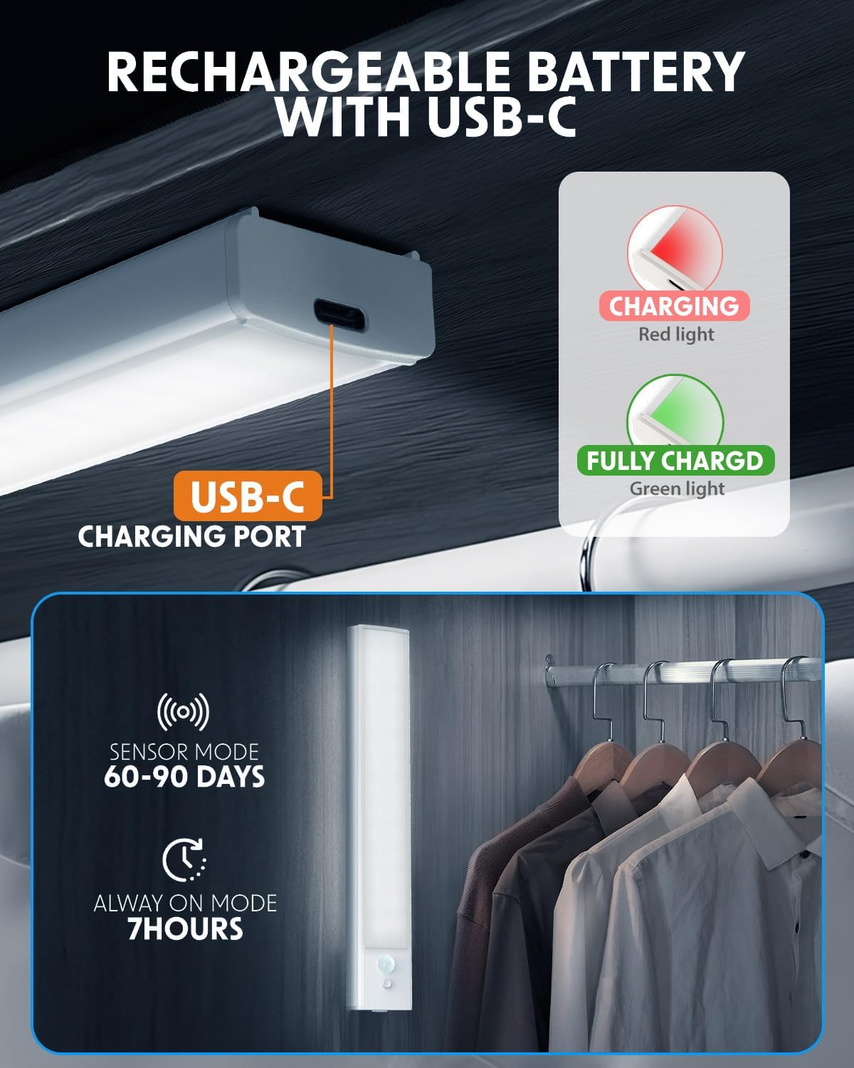 Closet light with rechargeable battery and USB-C charging port, showing charging status and sensor mode details.