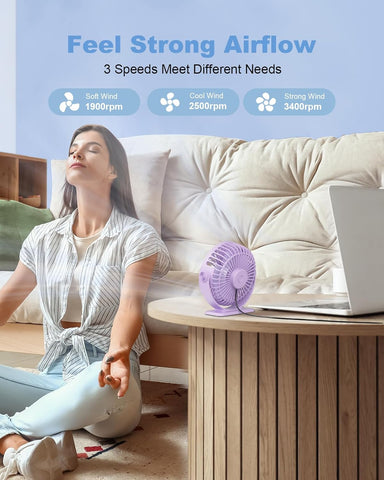 TriPole Desk Fan for Home, Portable USB Handheld Fan 3 Speeds Powerful Table Fan Silent, 360°Adjustable Mini Cooling Fans, Electric small Desktop Quiet Fans for Bedroom, Office, Library, Travel,Purple
