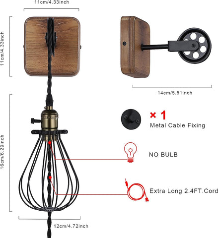 Industrial Plug In Cage Wall Lamp Pulley Sconce