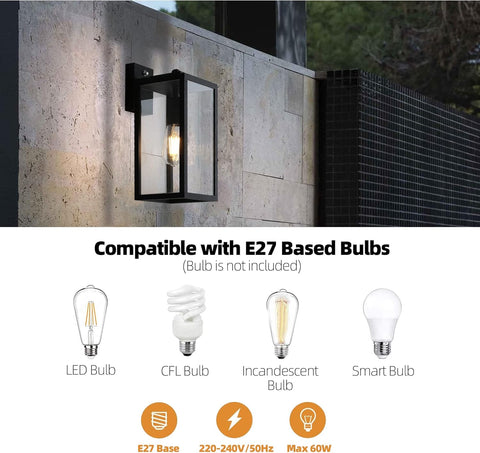 Outdoor Wall Light Dusk to Dawn, Black Aluminum Wall Lantern Porch Sconce with Ambient Sensor, IP44 Waterproof Anti-Rust Light Fixture with Clear Glass Shade, Matte Black