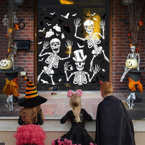 AMLOOPH Halloween Window Stickers – 104-Piece Reusable Skeleton & Ghost Window Clings with Bats and Spiders, Large Double-Sided Halloween Decorations for Windows, Glass, Mirrors & Parties