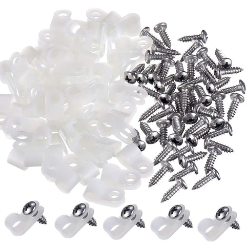 100pcs R Type Nylon Cable Clips,1/4inch cable management clips,Cable Tidy Clips,P Clips with Stainless Steel Screws,Cable Clips Outdoor for Home and Office (White)