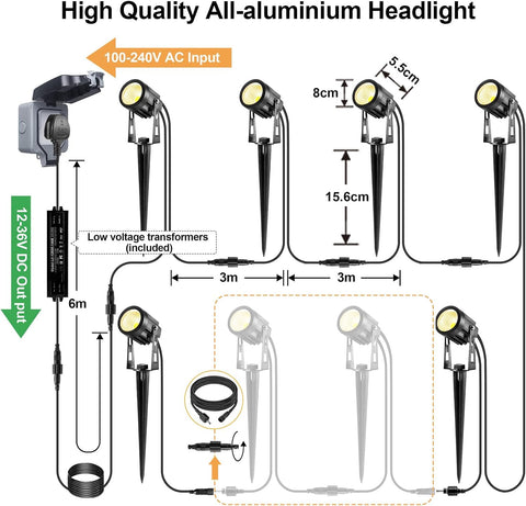 6 in 1 Garden Spot Lights Mains Powered, Upgraded Aluminium LED Garden Spike Lights, 21M Extendable 12V Low Voltage Outdoor Uplighters, IP65 Waterproof Path Lighting for Pathway Yard Lawn