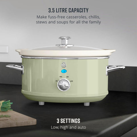 Swan Retro Grey 3.5L Slow Cooker with 3 Heat Settings & Keep Warm – 200W