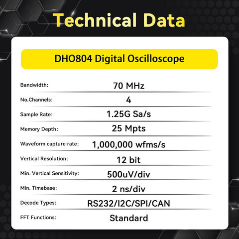 RIGOL DHO802 Portable Digital Oscilloscope, 70MHz Bandwidth, 2 Analogue Channels, 12bit Vertical Resolution, Low Noise Floor, Mobile Power Supply Supportable