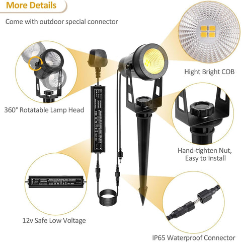 ECOWHO Garden Spotlights Mains, 21m Extendable Outdoor Spike Lights 12V LED Pathway Lighting IP65 Waterproof Electric Garden Uplighter for Path Yard Patio (18W 6-Packs Warm White), Wall/Spike Mounted