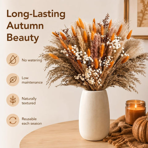 82 Pcs Dried Flowers Bouquet for Fall Decor, Autumn Pampas Grass Decor 44cm Orange natural dried flowers for autumn decor, vase filler and wedding table centrepiece; DIY pack, no vase included.
