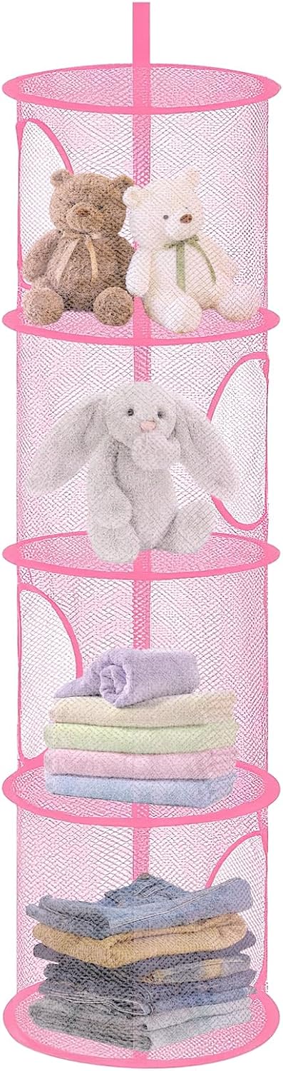 APOMOONS Hanging Mesh Storage Basket, 4-Tier Pink Teddy Toy Organiser – Give Every Cuddly Toy a Cosy Place