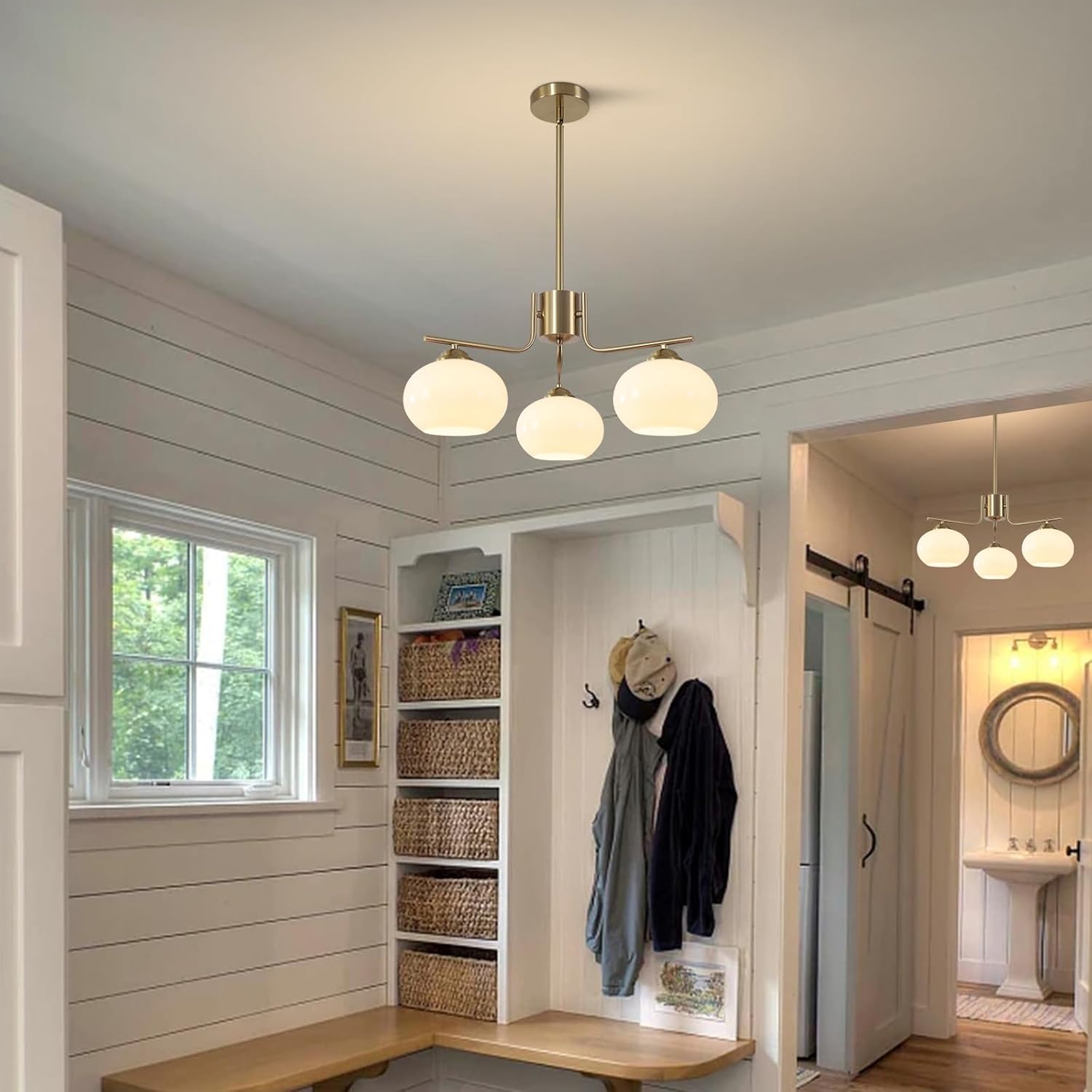 Modern interior design of a hallway with a ceiling light fixture, coat rack, and shelves.