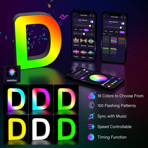 Light Up Letters USB Powered, LED Letter Lights Color Changing Alphabet Sign Gifts for Girls Women Party Birthday Decorations, APP Control, Night Light Christmas Valentine Wall Table Decor - D