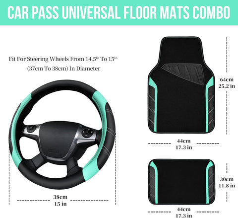 CAR PASS Leather Steering Wheel Cover and Waterproof Car Floor Mats Combo