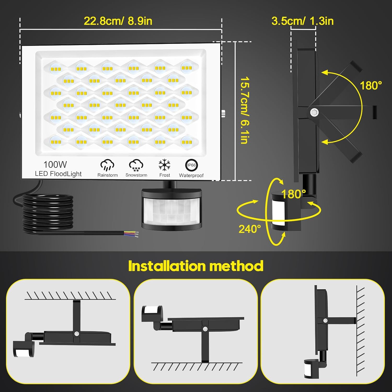 LED floodlight with dimensions and installation instructions on a dark background