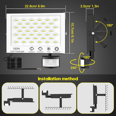 LED floodlight with dimensions and installation instructions on a dark background