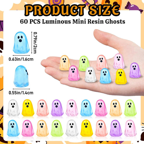 60 Pcs Halloween Luminous Mini Ghost Figures – Glow in the Dark Resin Ghost Decorations for Vases, Fairy Gardens, Shelves & Party Décor