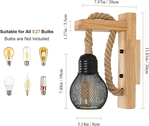 Wooden Wall Light with Hemp Rope, Industrial Wall Sconce Light Indoor, Metal Black Wall Lamp with E27 Socket for Living Room, Bedroom, Hallway, Corridor, Cafe Bar