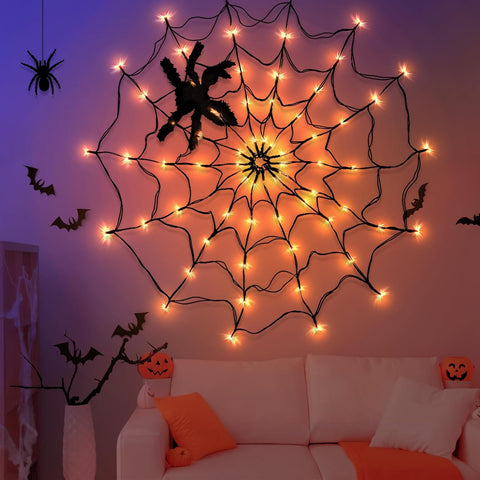 CNMTCCO Halloween Spider Web Lights with Plush Spider – 70 Orange LED Light-Up Cobweb Decoration with Remote Control for Indoor & Outdoor Halloween Parties