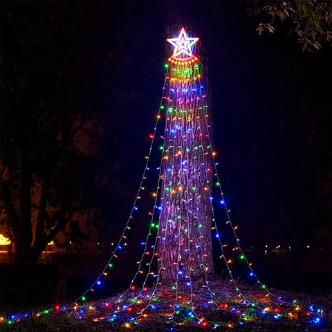 Christmas Tree Lights 350 LED Outdoor Waterfall Fairy Lights with Star Topper (Colourful)