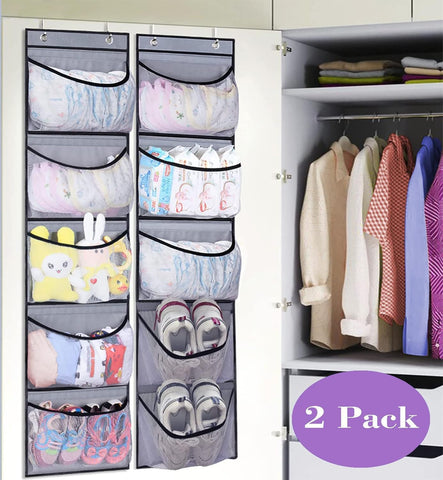 MISSLO 2 Pack Over Door Hanging Organiser with 5 Mesh Pockets Each, Grey – Space-Saving Bathroom, Bedroom & Wardrobe Storage