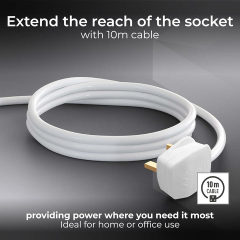 Masterplug One Socket Single Extension Lead, 10 Metre Cable, Unswitched, 1-Way Plug Extension Cable, Basic Power, White, 13A, 1G, 10m, BOG10