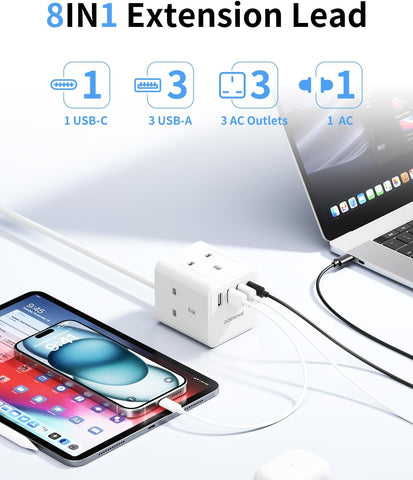 White 4-Way Extension Lead with 4 USB Ports, USB-C, Shaver Socket & 1.5m Cable – Keep Your Everyday Essentials Connected Without the Desk Clutter