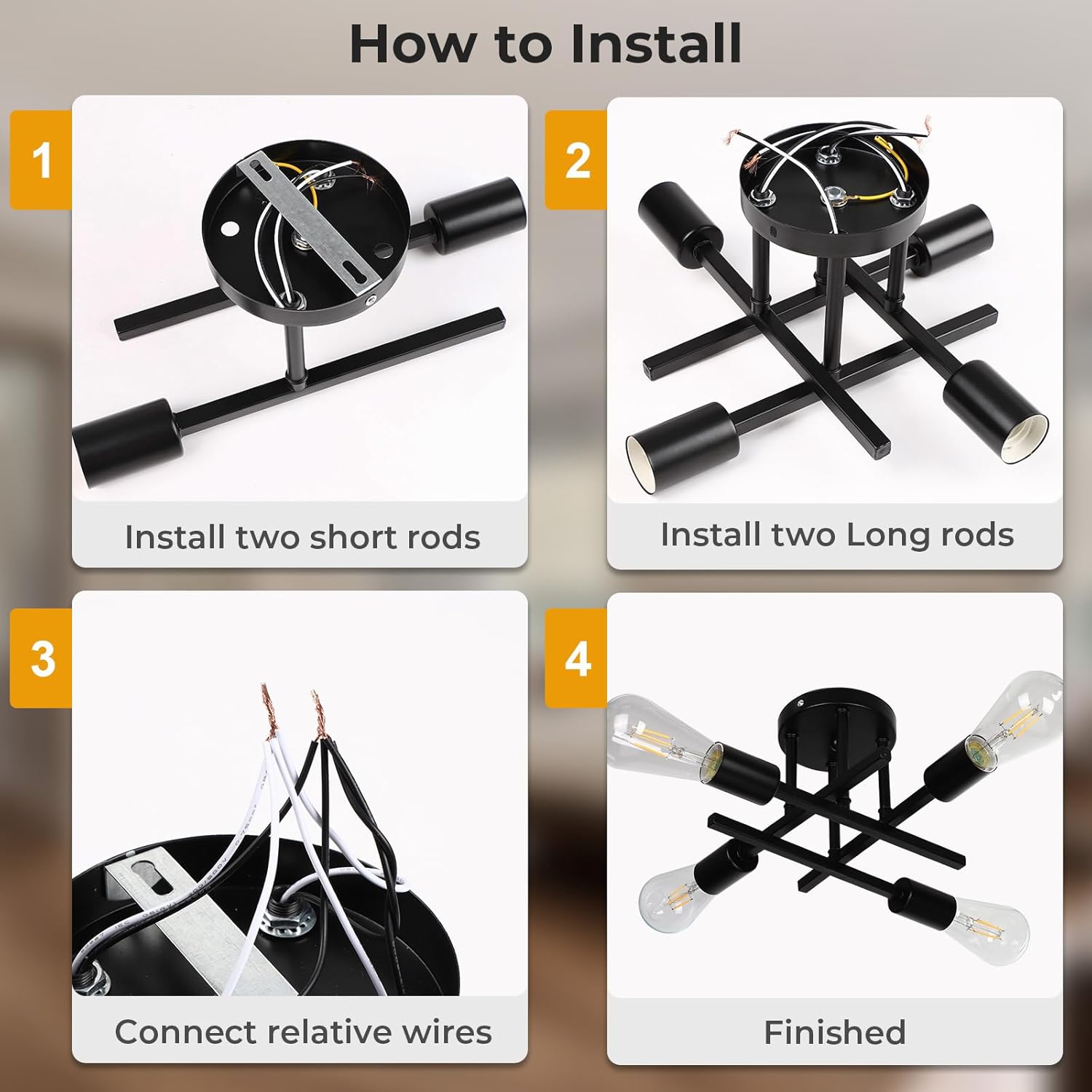 Step-by-step guide on how to install a ceiling light fixture with labeled steps.