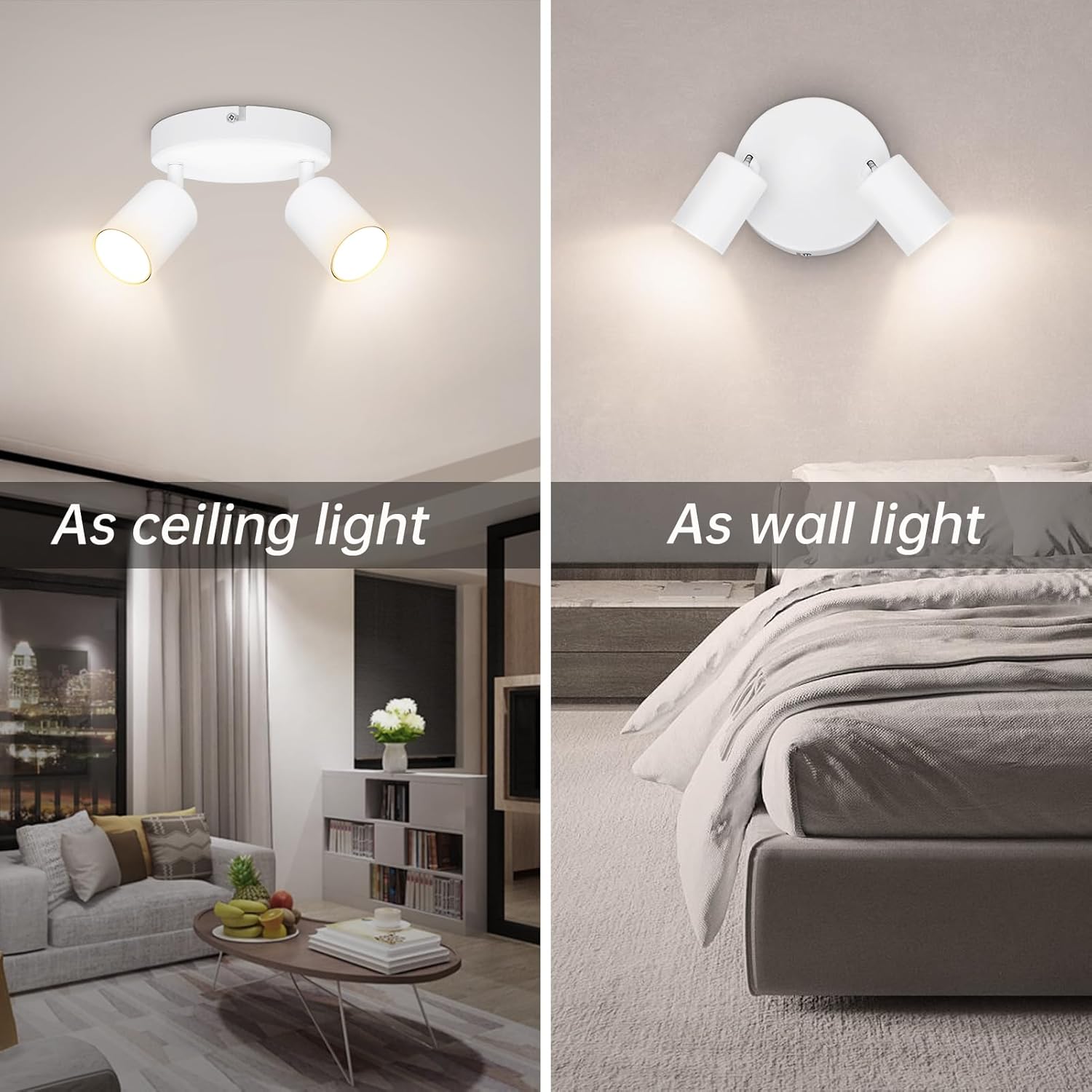 Two images showing a ceiling light and a wall light in a living room and bedroom setting.