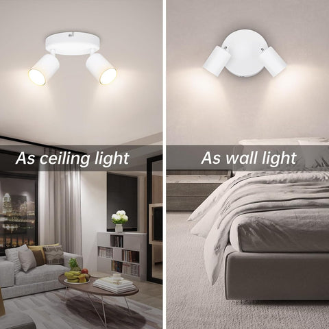 Two images showing a ceiling light and a wall light in a living room and bedroom setting.