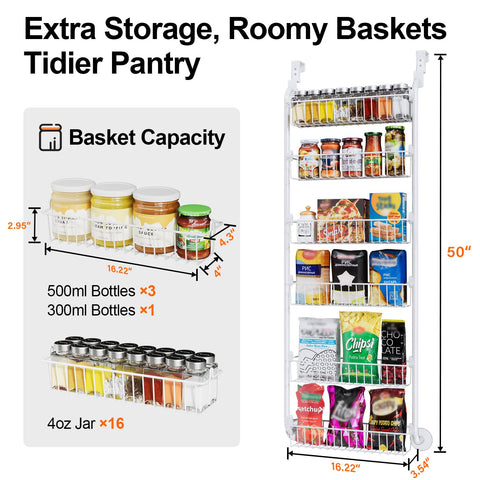 Delamu 8-Tier Over Door Storage Organiser, Adjustable Metal Pantry Shelves, Hanging Spice Rack for Kitchen, Bathroom & Laundry, White