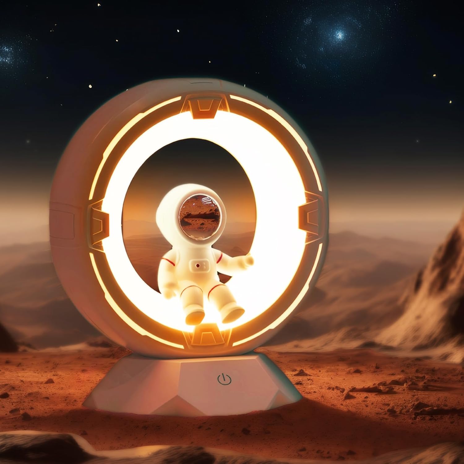 Decorative lamp with an astronaut design on a desert landscape
