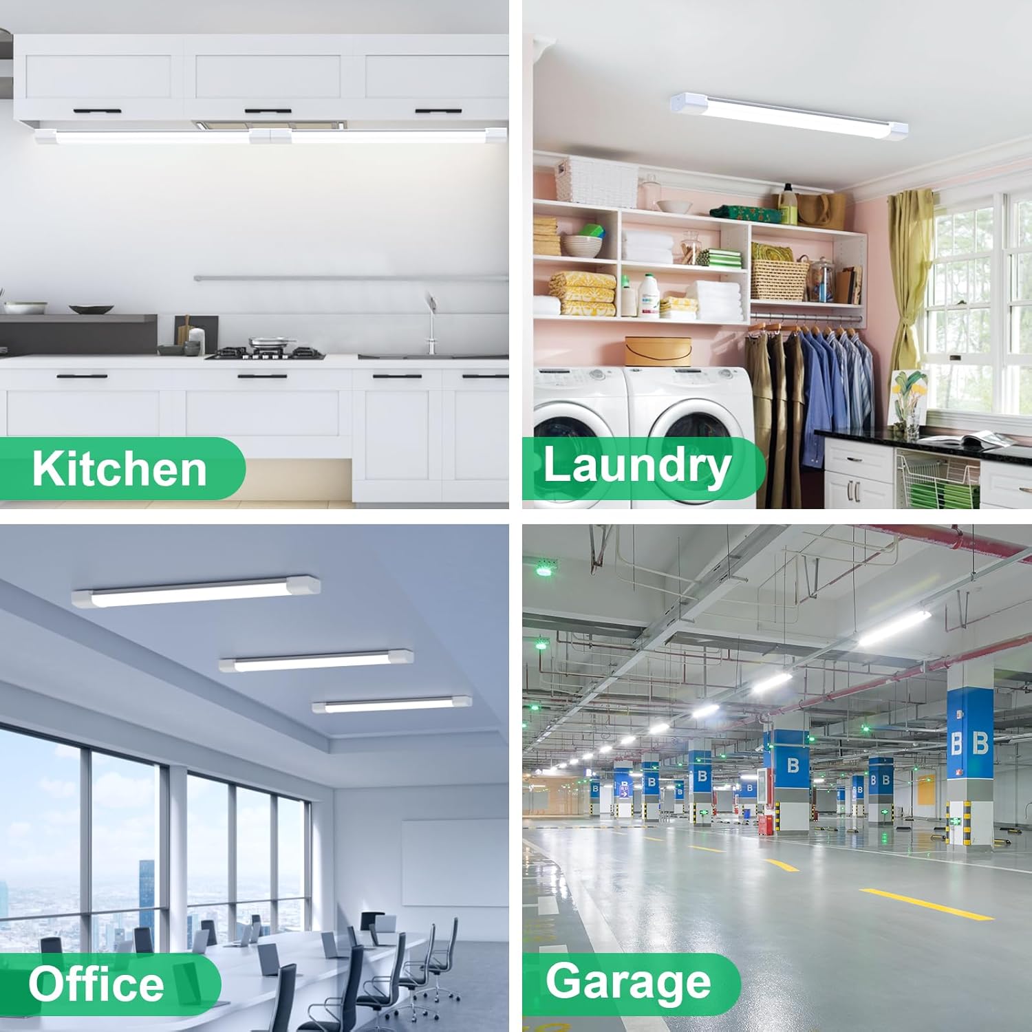 Four different indoor settings labeled Kitchen, Laundry, Office, and Garage with lighting fixtures.