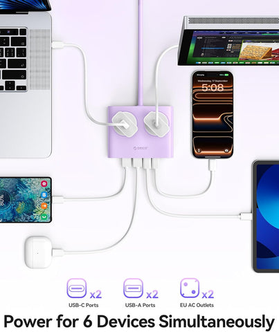 ORICO PD 25W Purple Extension Lead with 2 USB-C & 2 USB-A Ports, 2 AC Sockets and 1.6m Cable – A Smarter, Tidier Way to Power Your Everyday Essentials