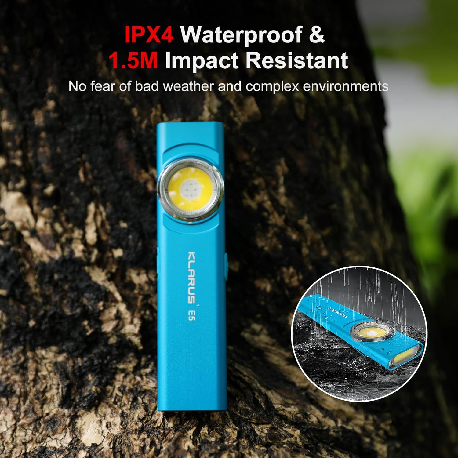 Blue flashlight on a tree trunk with waterproof and impact-resistant features highlighted.
