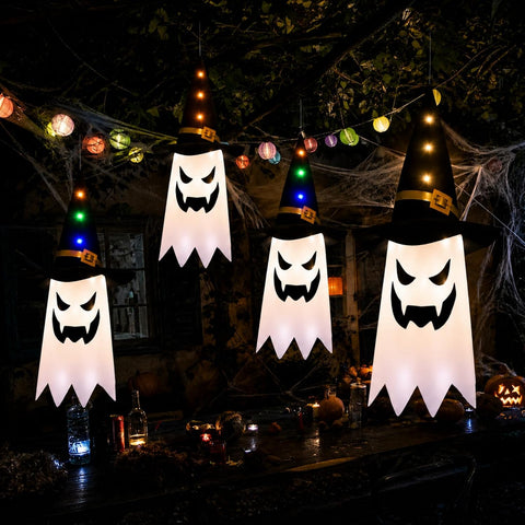 Mepham Halloween Hanging Light Up Ghost Decorations with Wizard Hats – 3 Light Modes for Indoor & Outdoor Garden, Door & Porch Displays