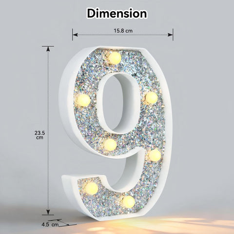 Silver Glitter LED Number Light – 8.86 Inch Marquee Number 9