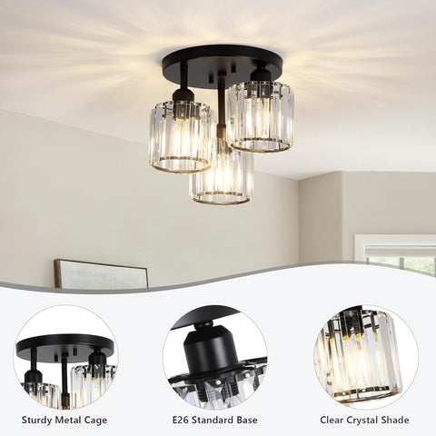 3-Light Modern Crystal Chandeliers Black Semi Flush