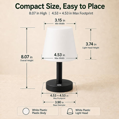 Rechargeable Cordless Table Lamp – IP54 Waterproof Touch Dimmable LED Lamp with 3 Colour Temperatures, 2000mAh Battery & USB-C Charging