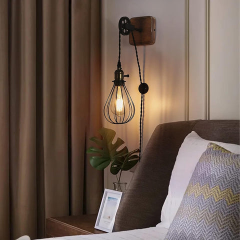 Industrial Plug In Cage Wall Lamp Pulley Sconce