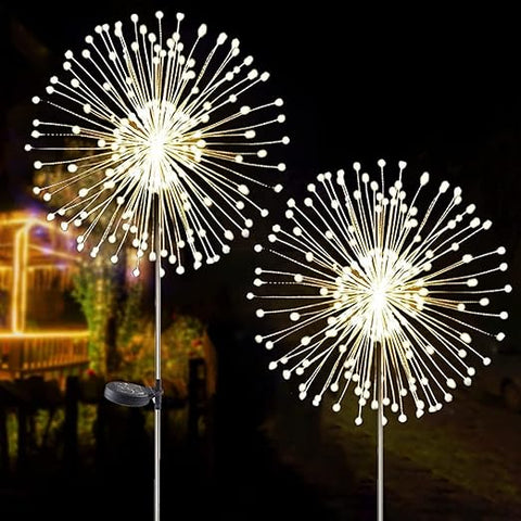 Multicolor LED stake light glowing in a garden setting.



