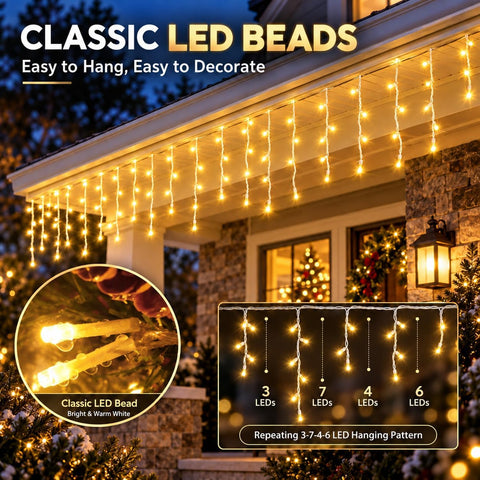 Icicle Lights Outdoor Plug In 30M 540 LED Warm White – Waterproof Curtain Lights with 8 Modes & Timer for Roof Eaves, Gutters & Windows - Turn Empty Edges Into Evening Magic